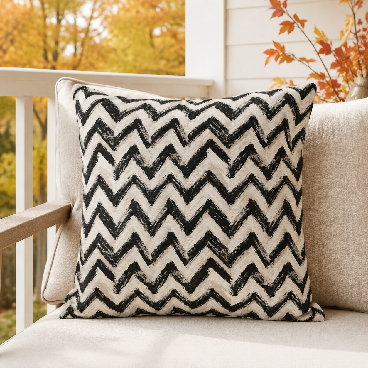 Hand-painted black chevron zigzag on oatmeal outdoor pillow