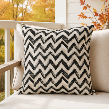 Hand-painted black chevron zigzag on oatmeal outdoor pillow