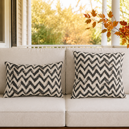 Hand-painted black chevron zigzag on oatmeal outdoor pillow