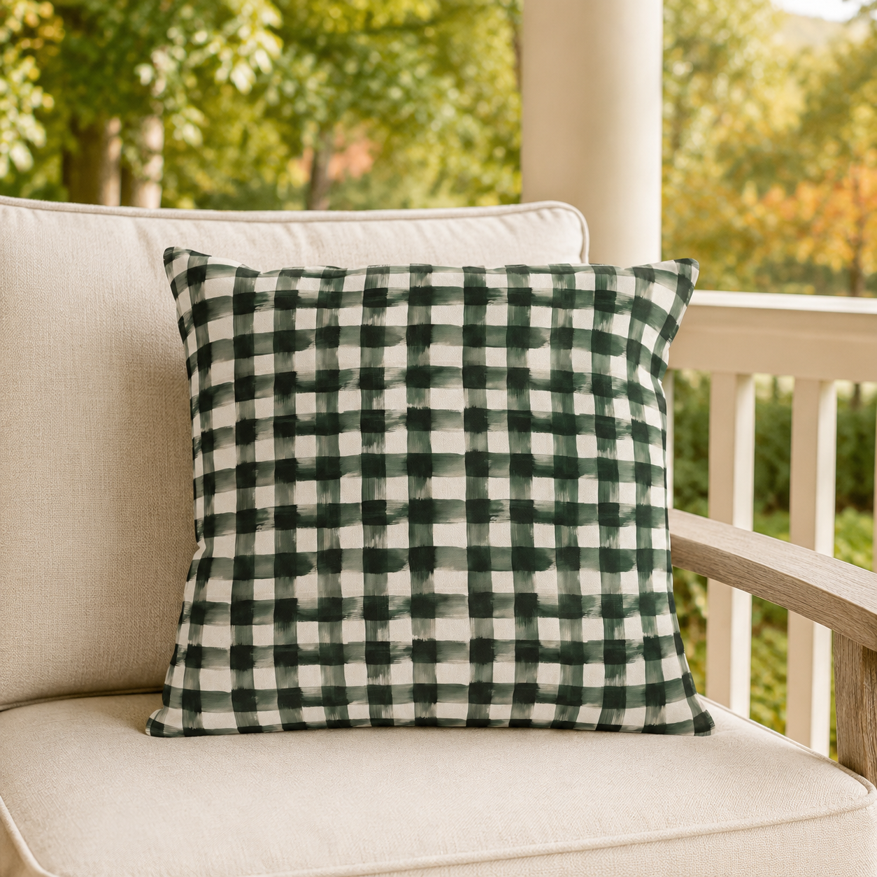 Hand-painted forest green gingham check on cream outdoor pillow