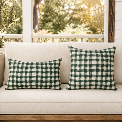 Hand-painted forest green gingham check on cream outdoor pillow