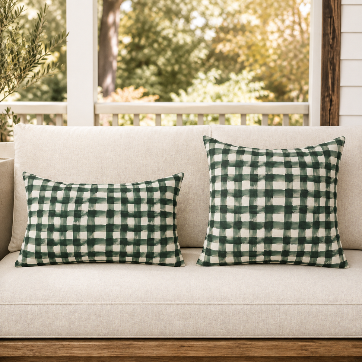 Hand-painted forest green gingham check on cream outdoor lumbar pillow