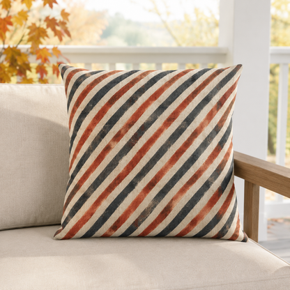 Diagonal rust and charcoal block-printed stripes on cream outdoor pillow