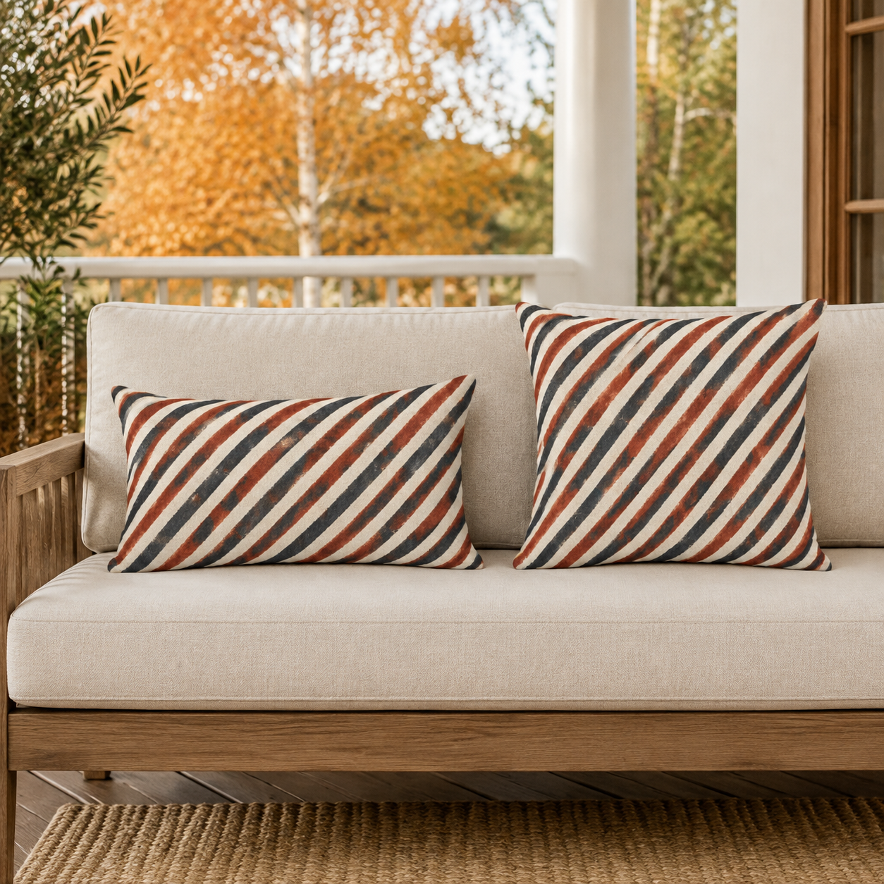 Diagonal rust and charcoal block-printed stripes on cream outdoor lumbar pillow
