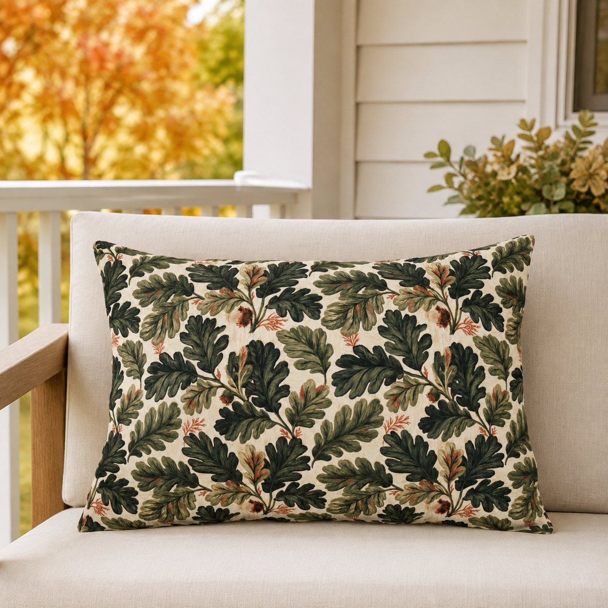 Deep green oak leaves and acorns on cream outdoor lumbar pillow