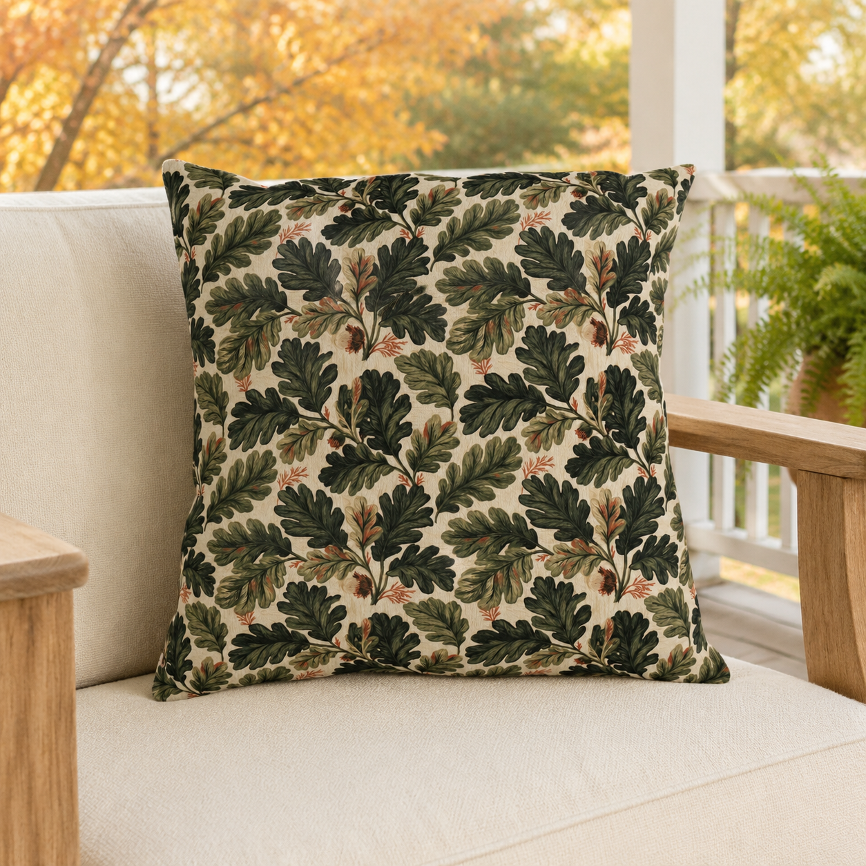 Deep green oak leaves and acorns on cream outdoor pillow