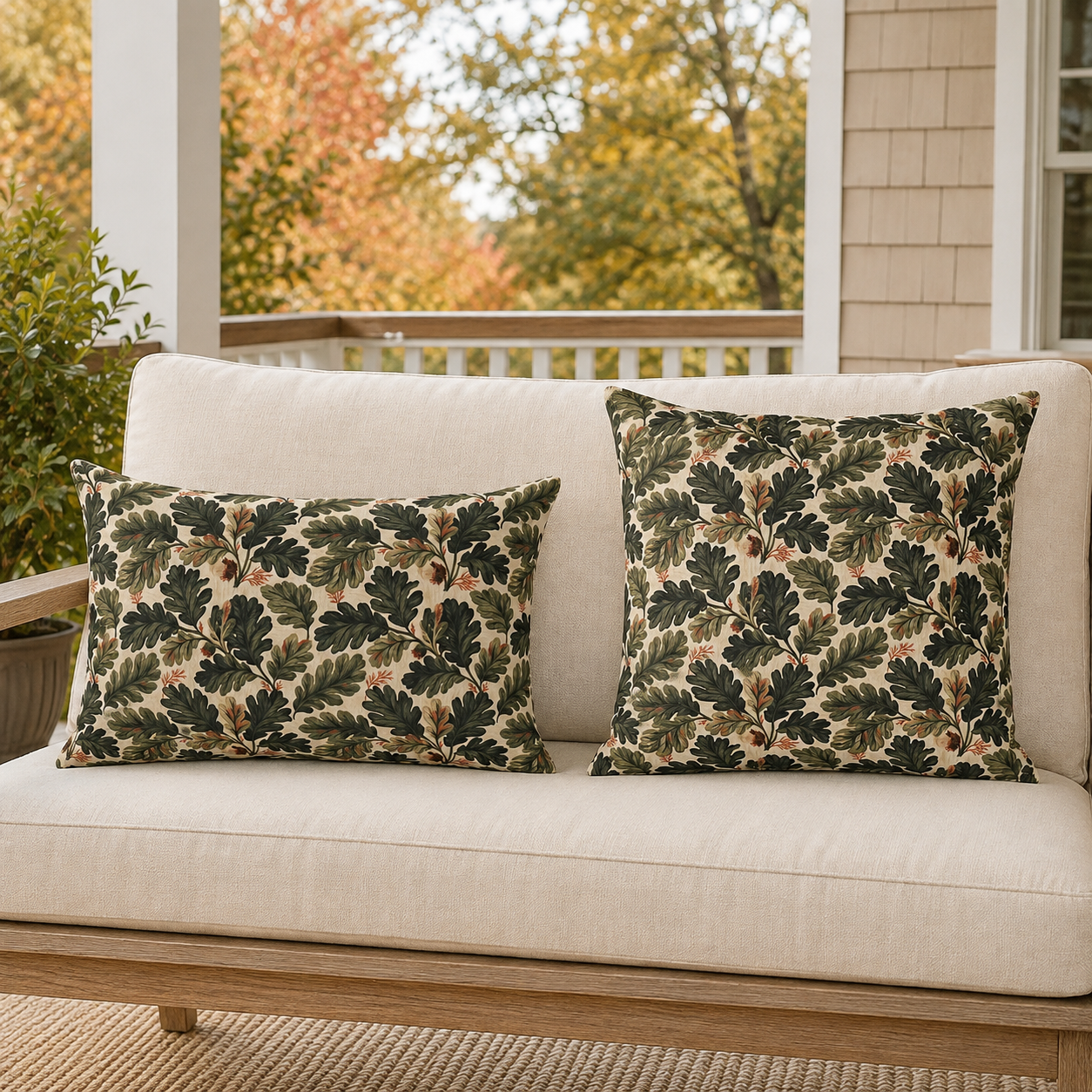 Deep green oak leaves and acorns on cream outdoor pillow