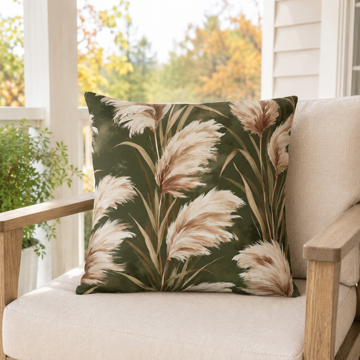 Cream pampas grass plumes on olive green outdoor pillow