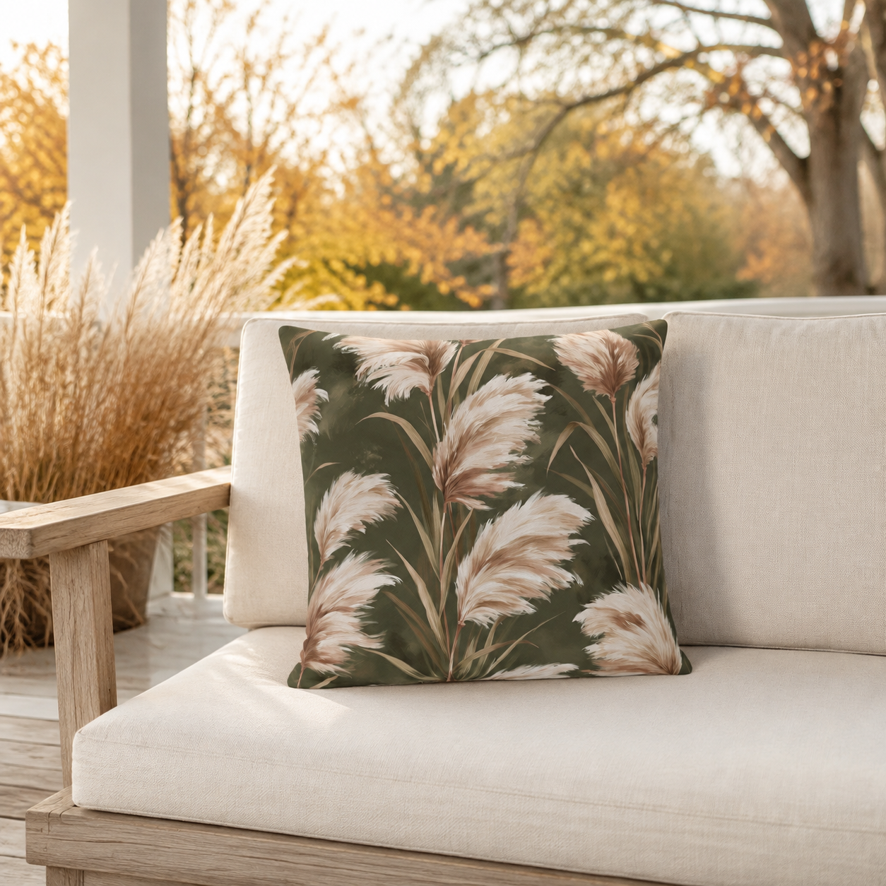 Cream pampas grass plumes on olive green outdoor pillow