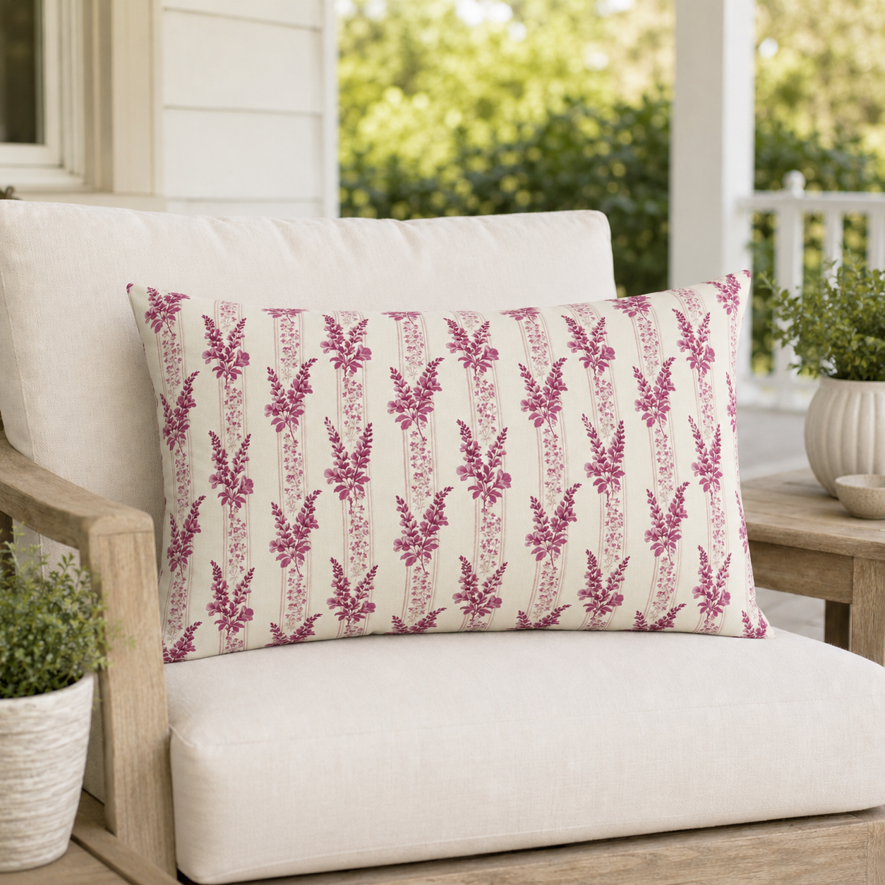 Magenta heather flower spikes on cream stripe outdoor lumbar pillow