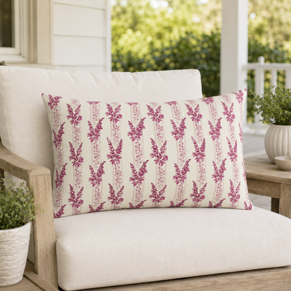 Magenta heather flower spikes on cream stripe outdoor lumbar pillow