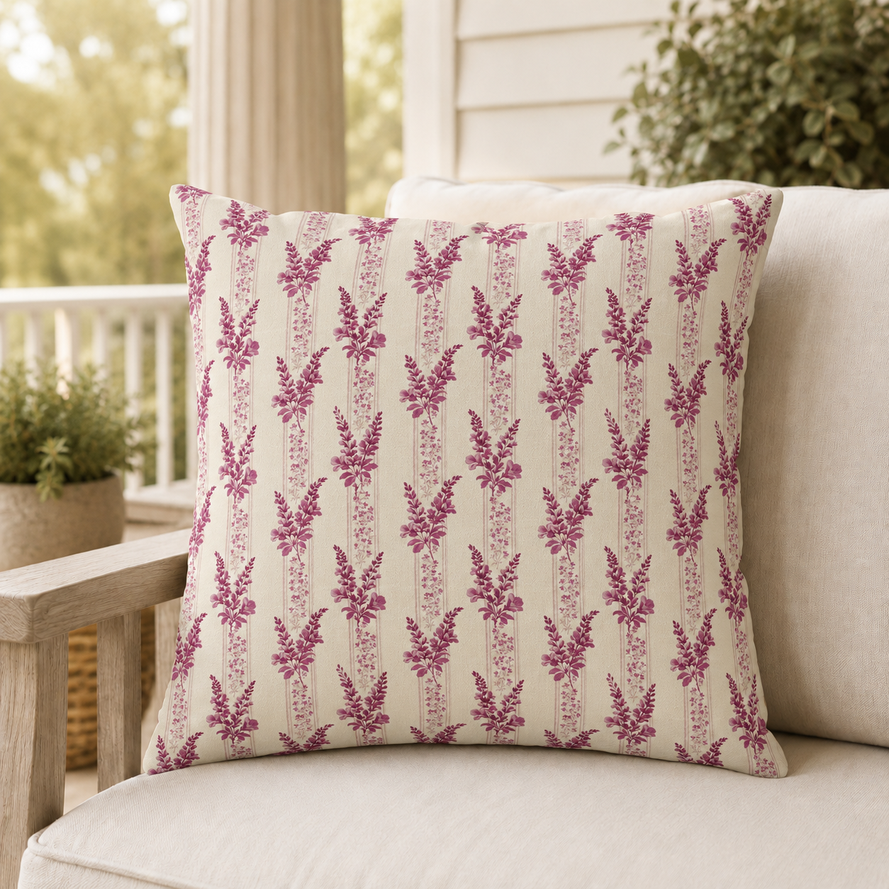 Magenta heather flower spikes on cream stripe outdoor pillow