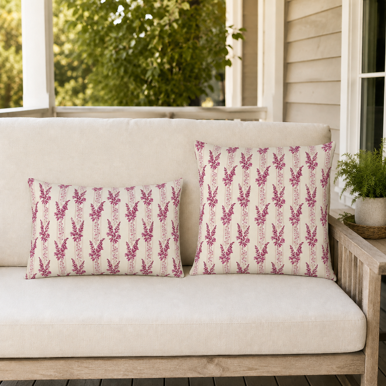 Magenta heather flower spikes on cream stripe outdoor lumbar pillow