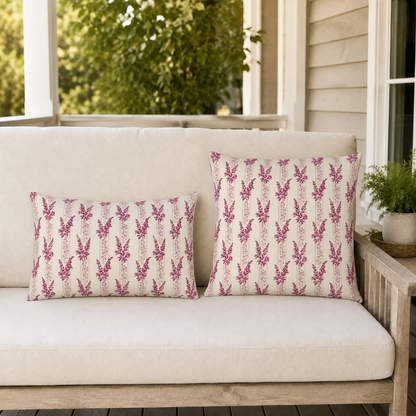 Magenta heather flower spikes on cream stripe outdoor lumbar pillow