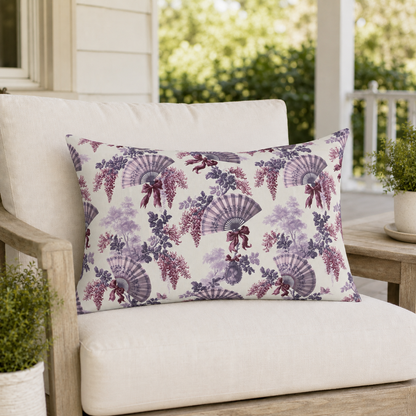 Lavender and plum French fans, wisteria and ribbons on cream outdoor lumbar pillow