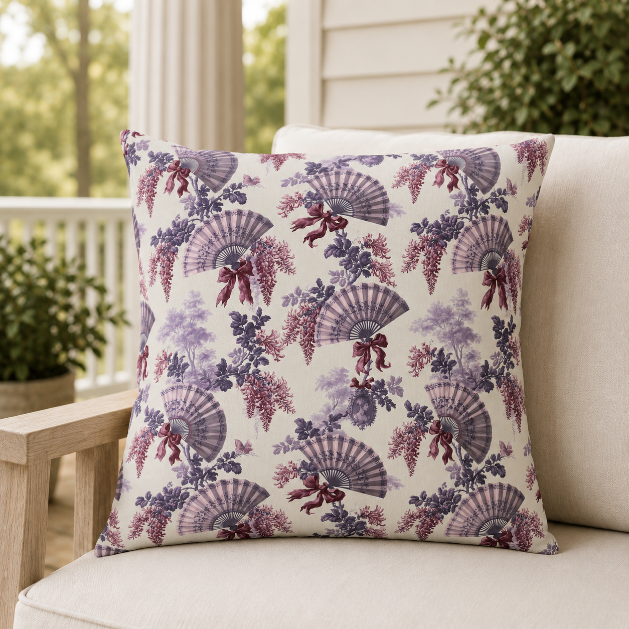 Lavender and plum French fans, wisteria and ribbons on cream outdoor pillow
