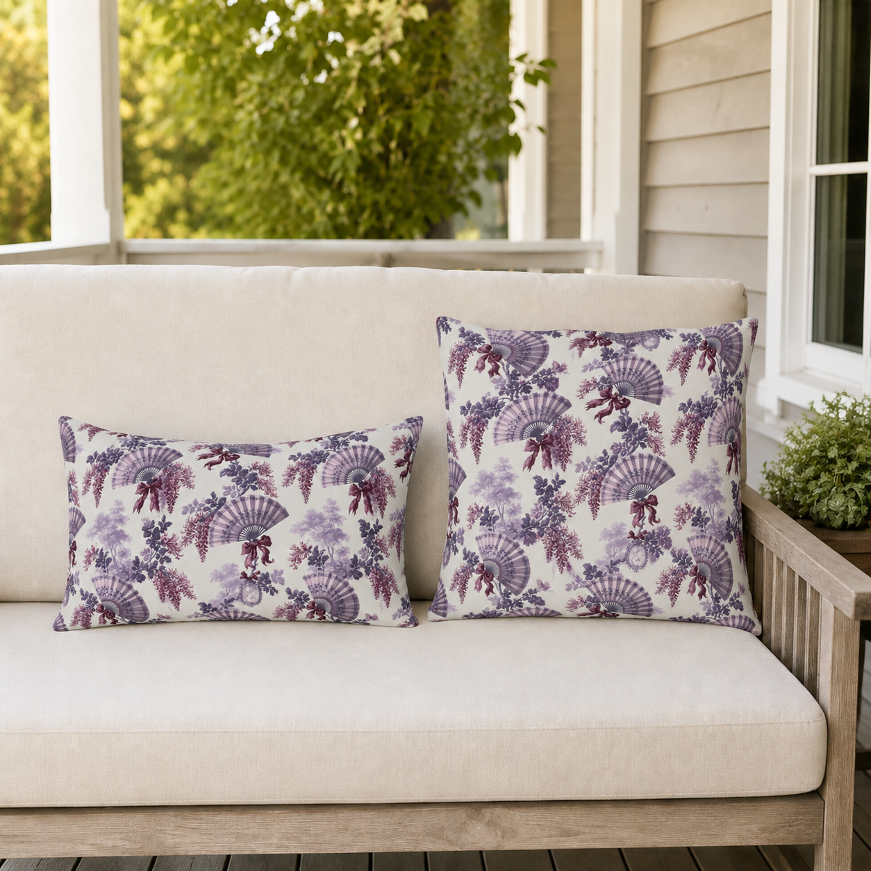 Lavender and plum French fans, wisteria and ribbons on cream outdoor pillow