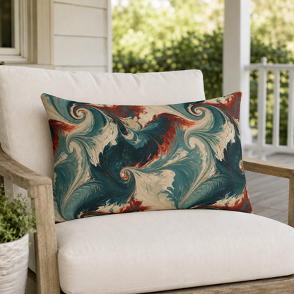 Teal, cream and rust marbled swirl outdoor lumbar pillow