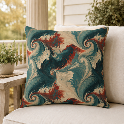 Teal, cream and rust marbled swirl outdoor pillow