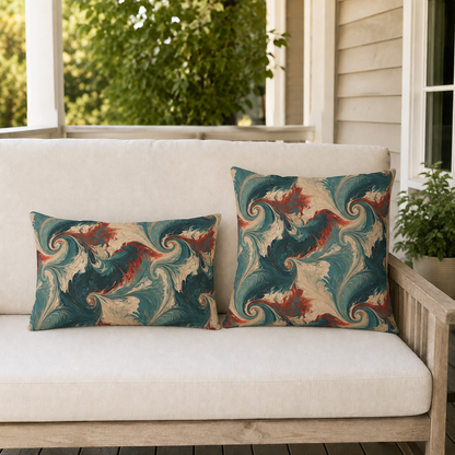 Teal, cream and rust marbled swirl outdoor lumbar pillow