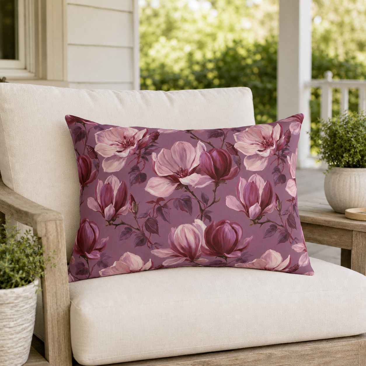 Blush and burgundy painted magnolias on mauve outdoor lumbar pillow