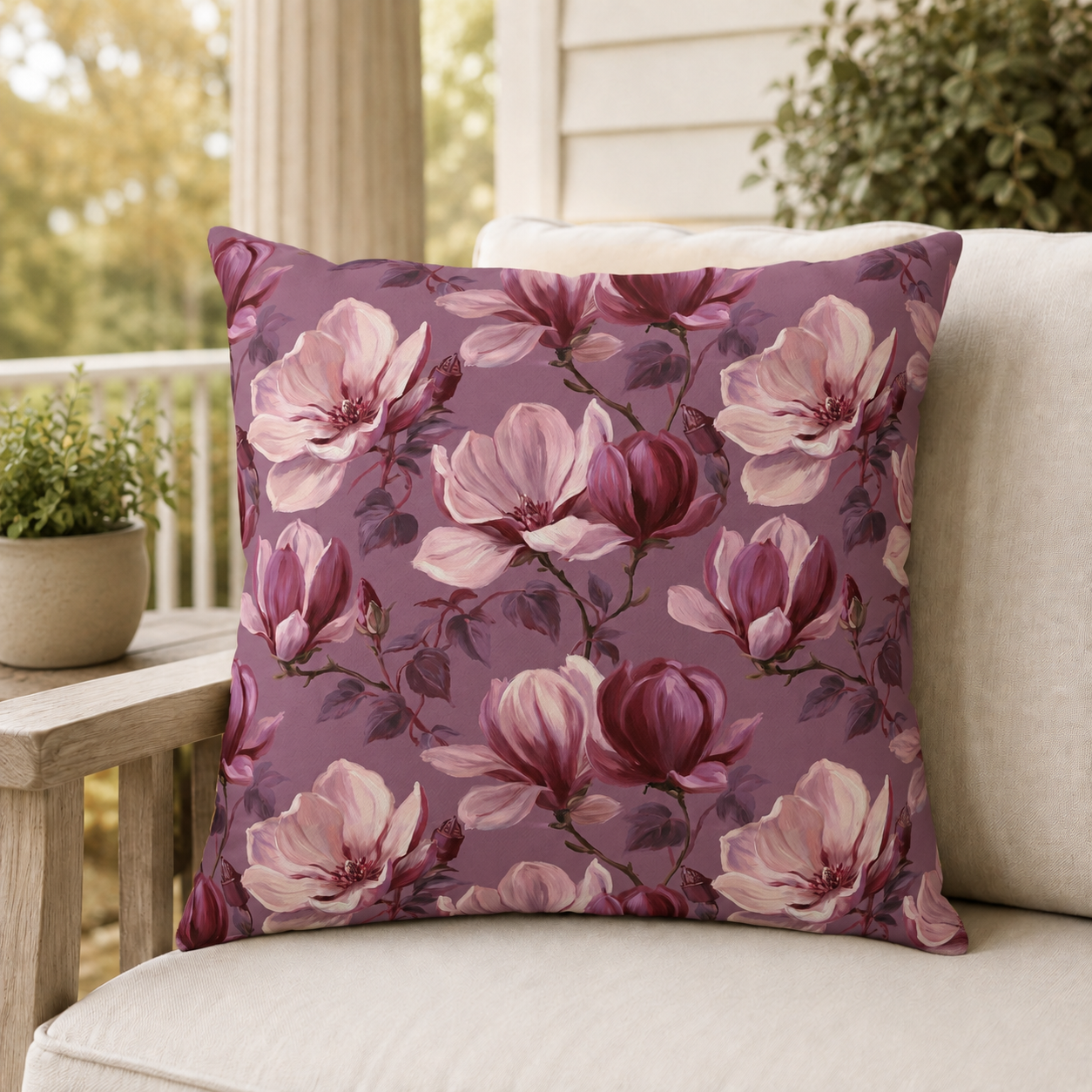 Blush and burgundy painted magnolias on mauve outdoor pillow