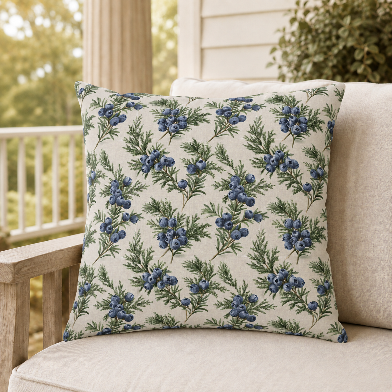 Blue juniper berries and green foliage on cream outdoor pillow