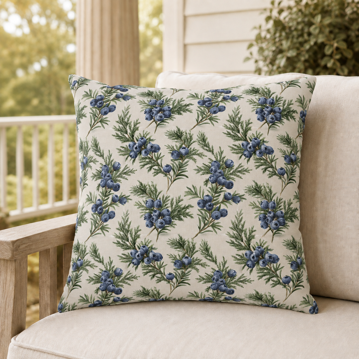 Blue juniper berries and green foliage on cream outdoor pillow