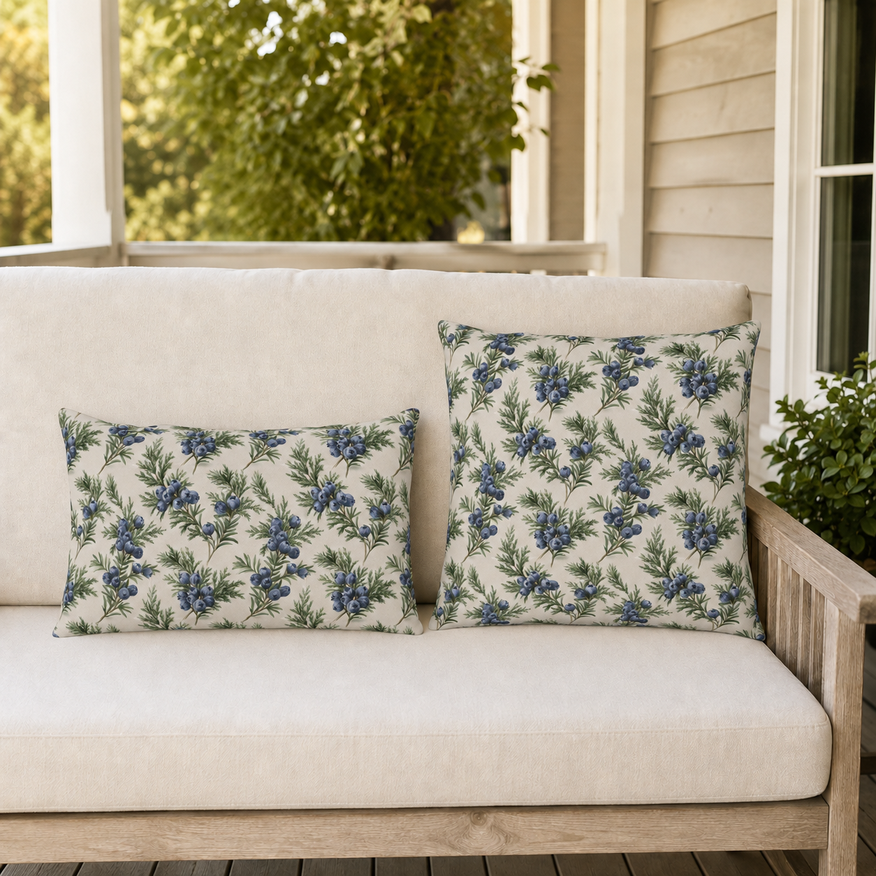 Blue juniper berries and green foliage on cream outdoor lumbar pillow
