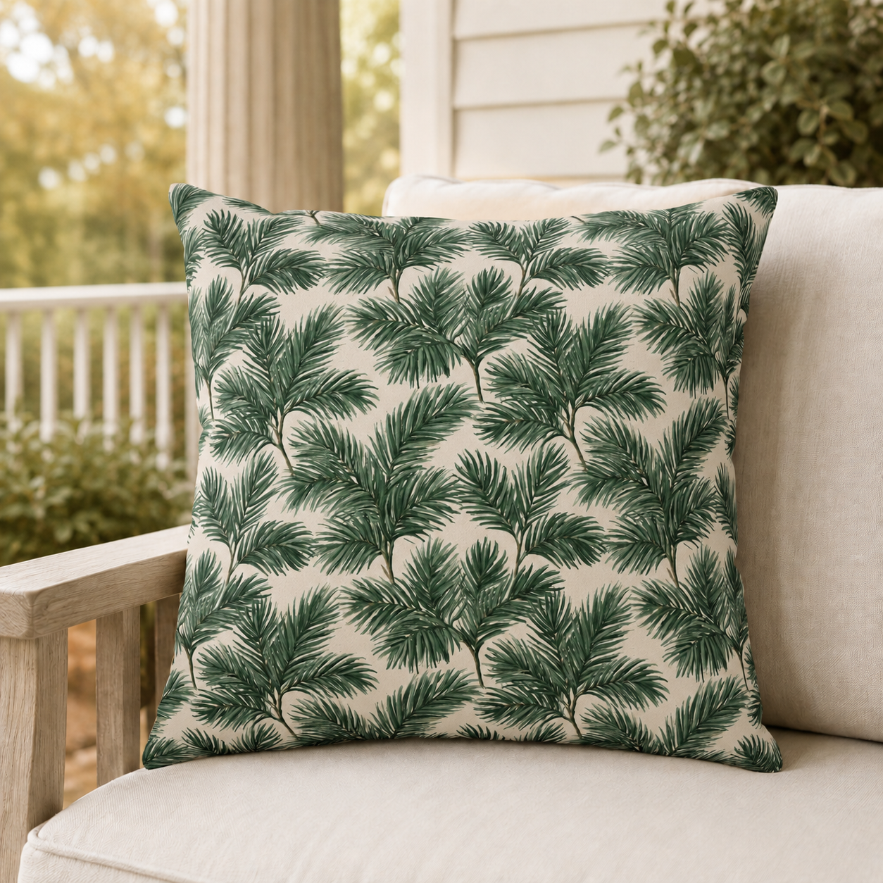 Deep green pine and fir branches on cream outdoor pillow