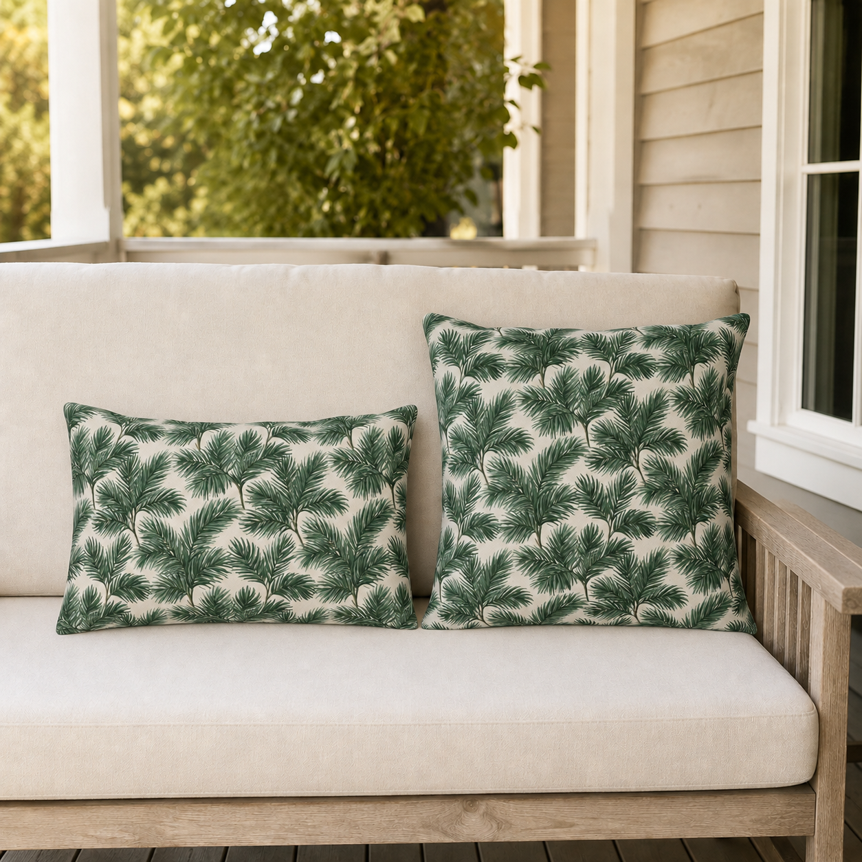 Deep green pine and fir branches on cream outdoor pillow