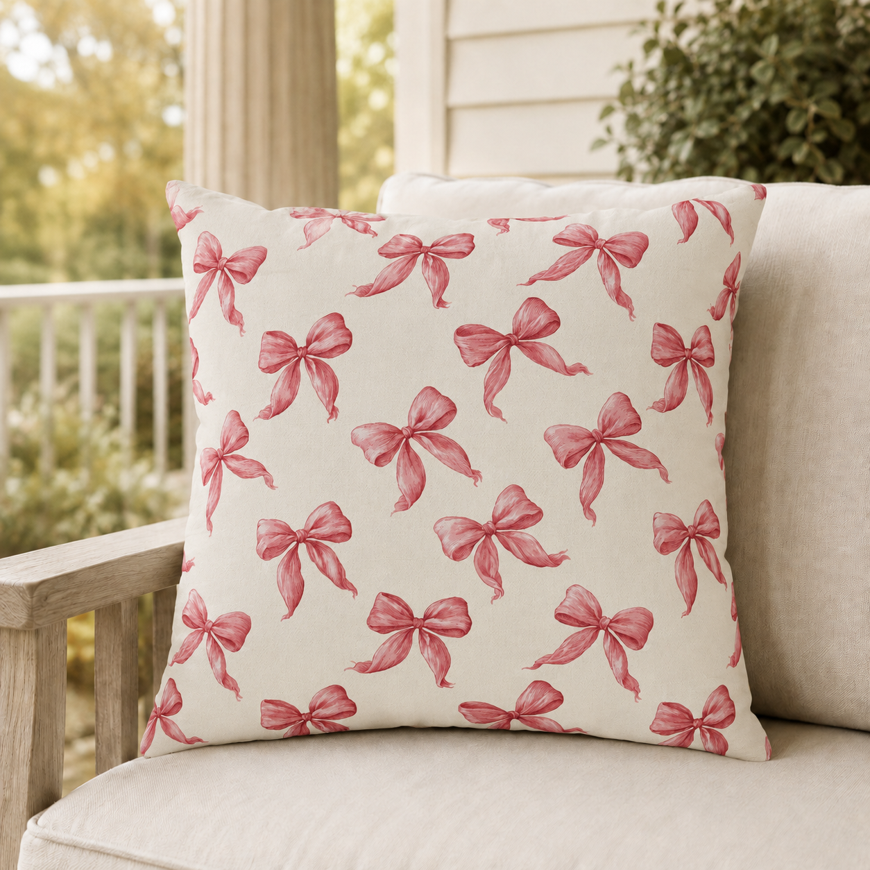 Rose pink engraved ribbon bows scattered on cream outdoor pillow