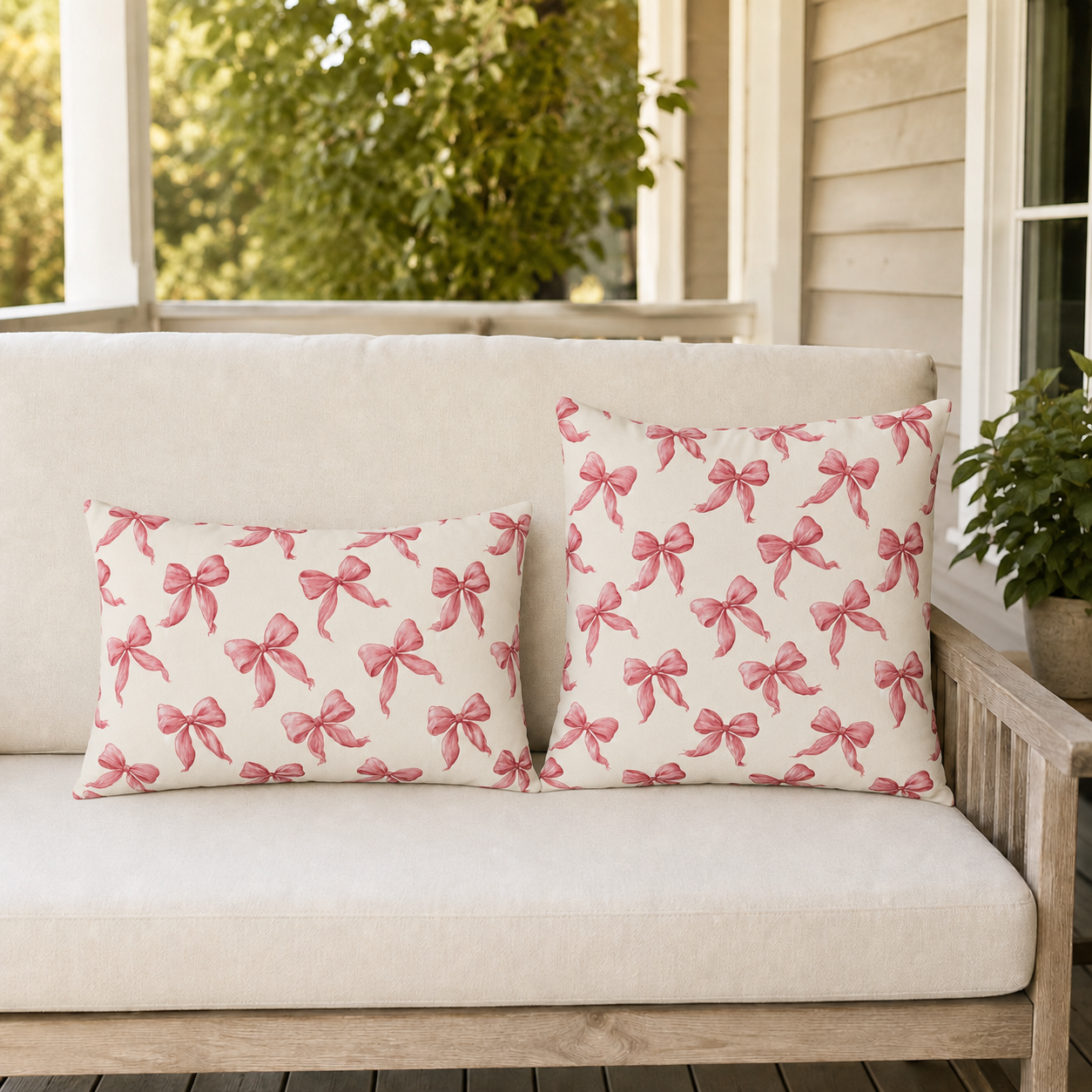 Rose pink engraved ribbon bows scattered on cream outdoor pillow