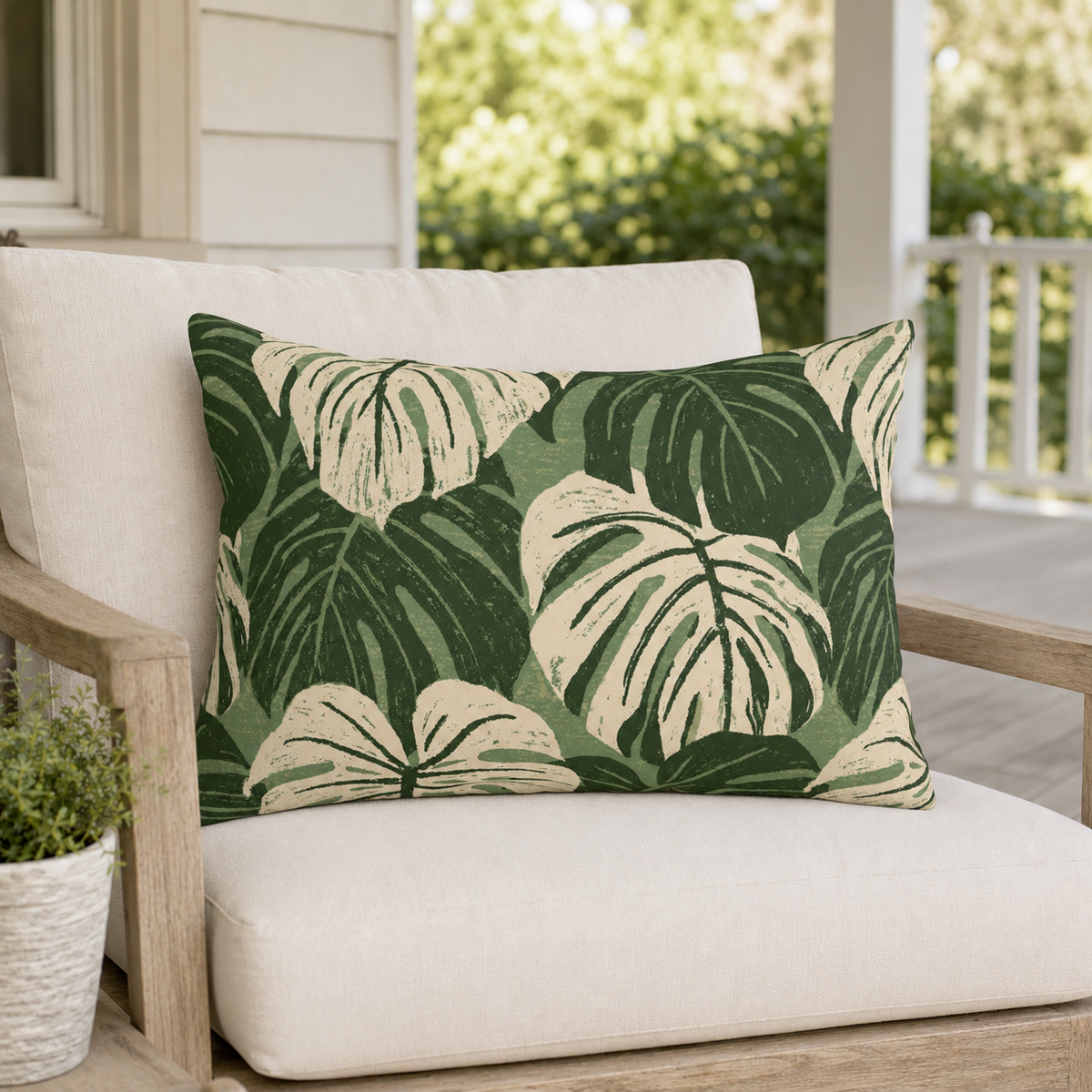 Cream and forest green monstera leaves on sage outdoor lumbar pillow