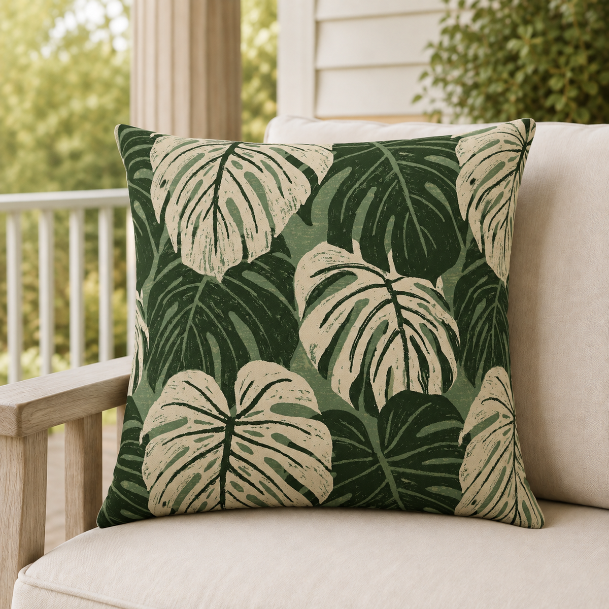 Cream and forest green monstera leaves on sage outdoor pillow