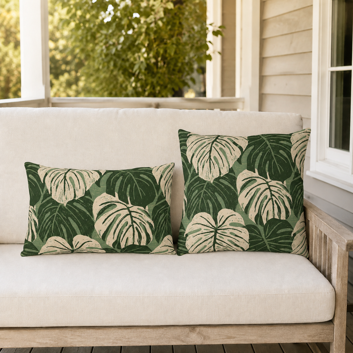 Cream and forest green monstera leaves on sage outdoor lumbar pillow