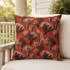 Cream and black sea coral branches on coral red outdoor pillow