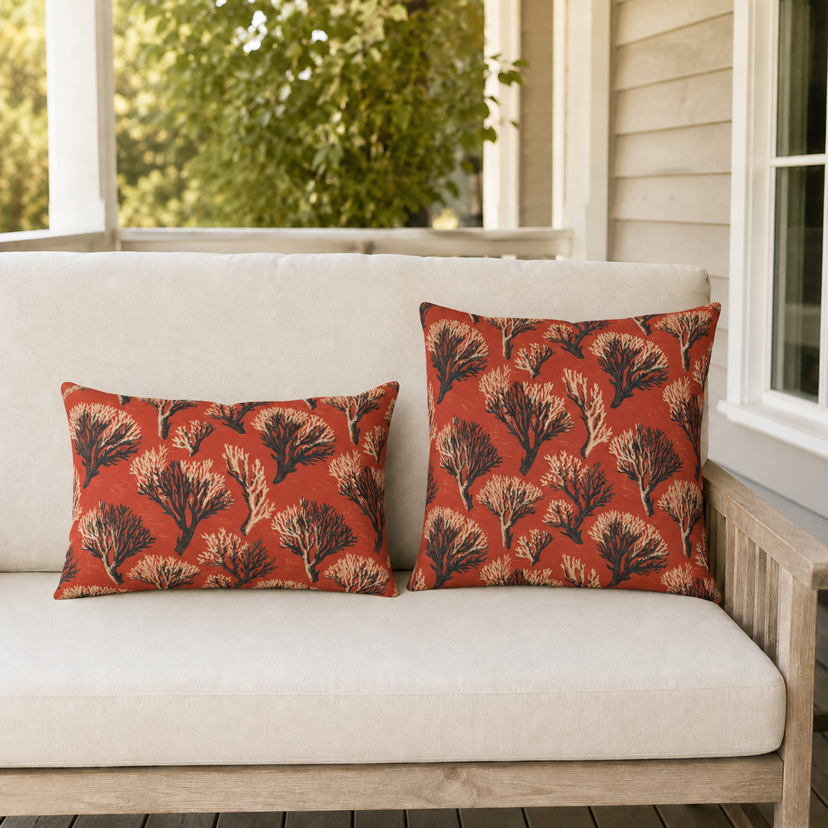Cream and black sea coral branches on coral red outdoor lumbar pillow