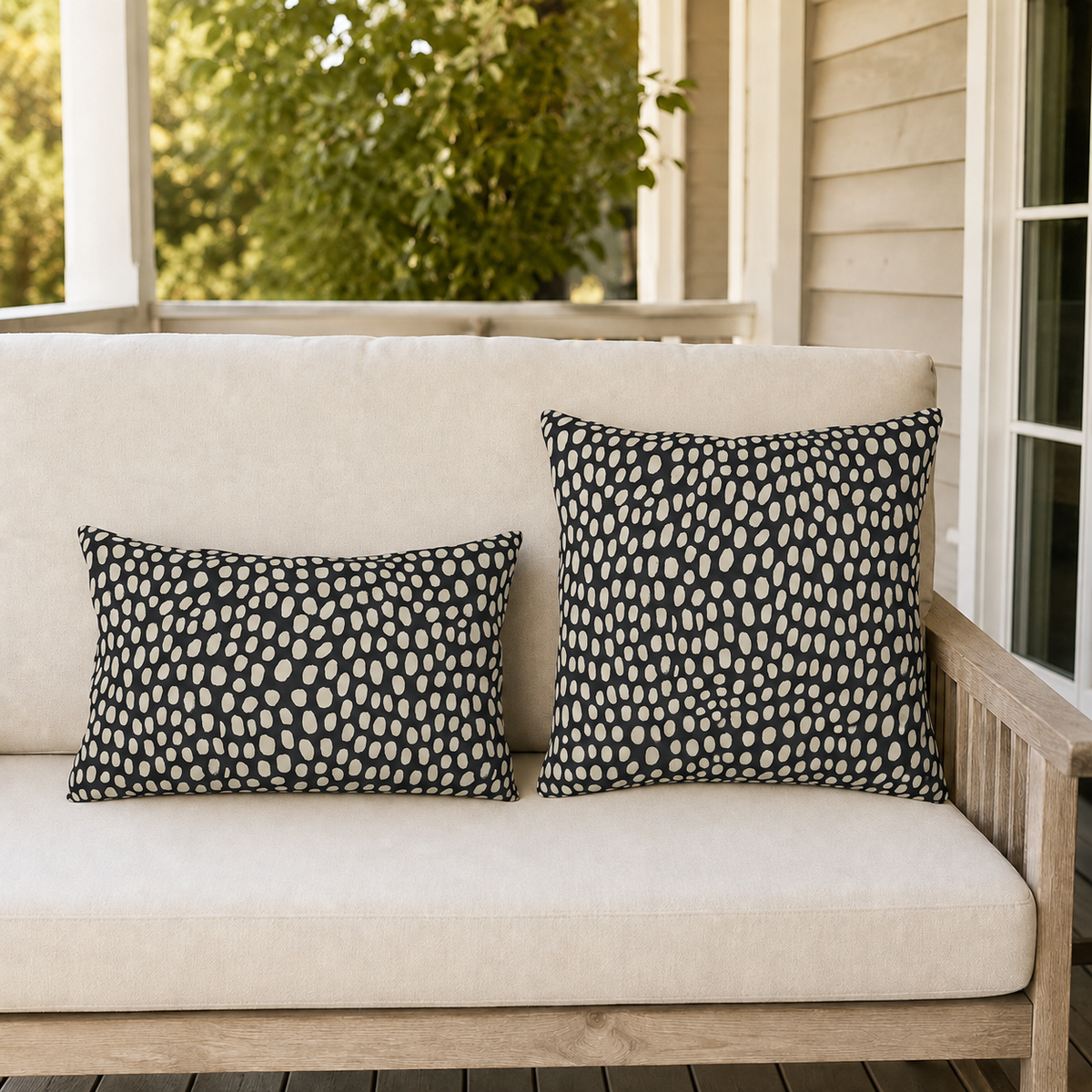 Hand-painted cream dots on charcoal outdoor lumbar pillow