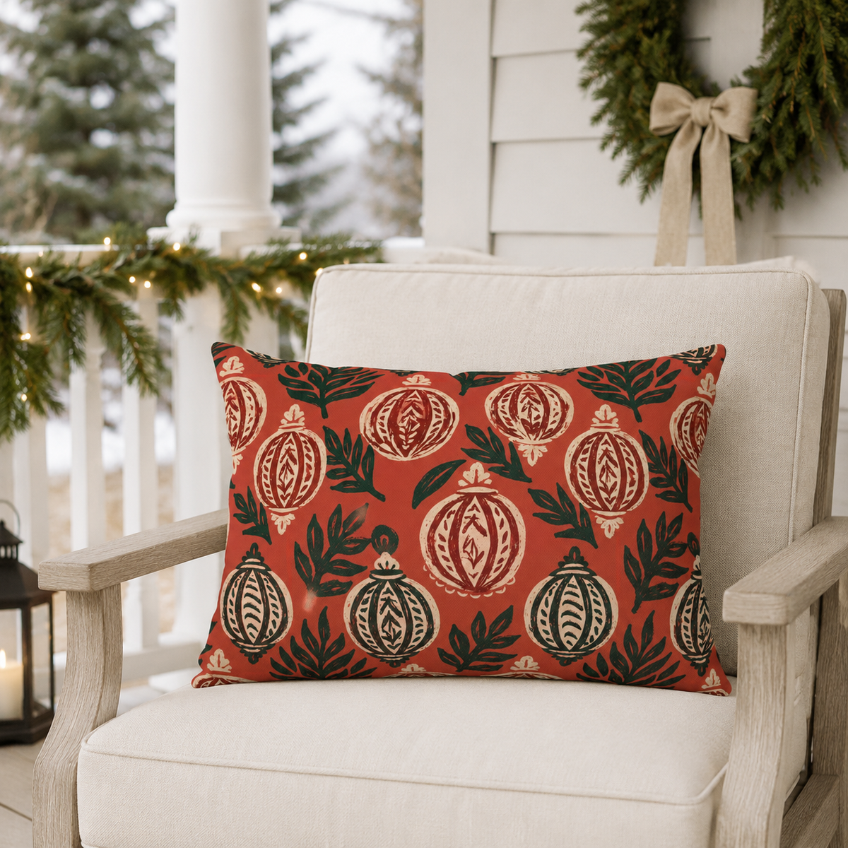 Block-printed cream and green Christmas baubles on red outdoor lumbar pillow