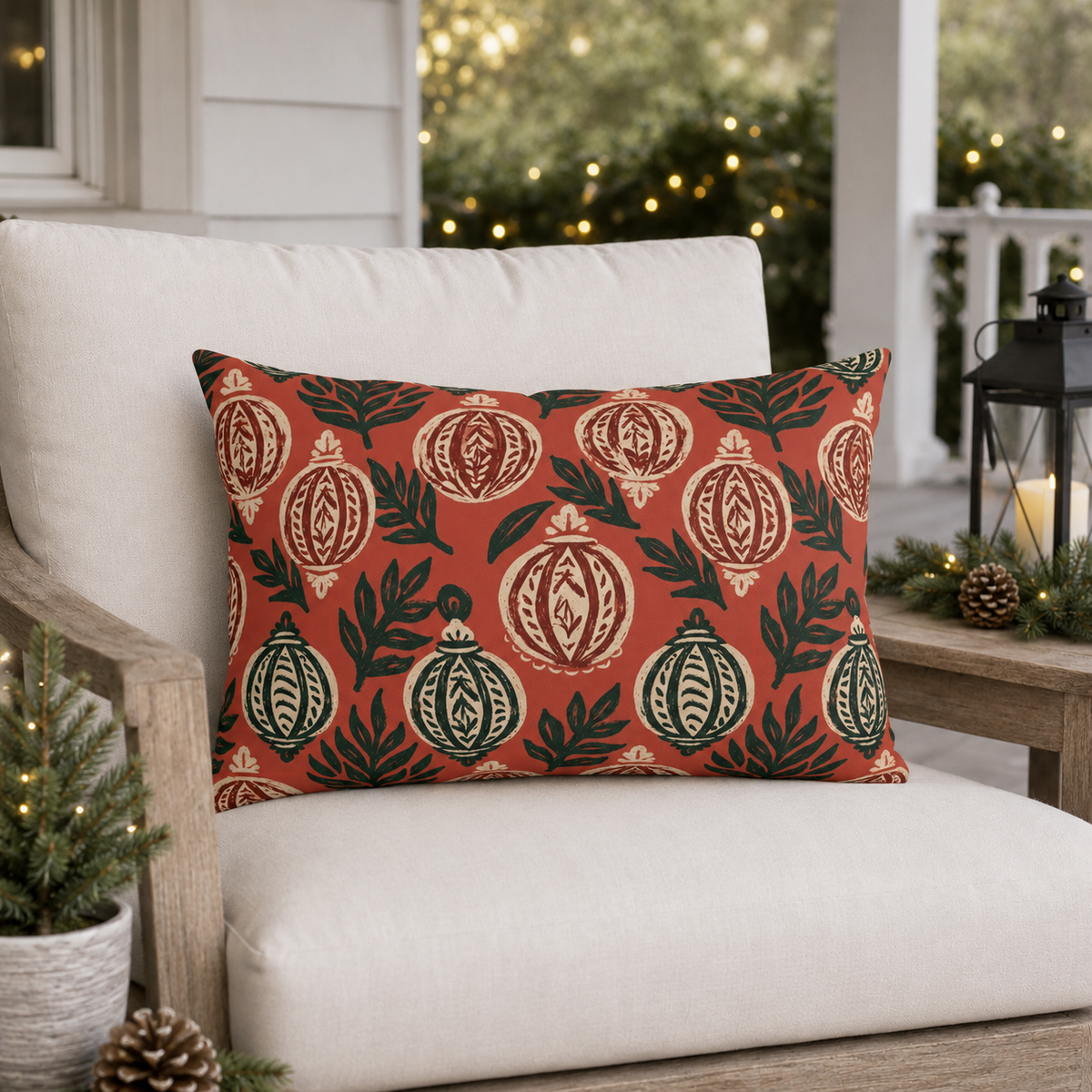 Block-printed cream and green Christmas baubles on red outdoor lumbar pillow