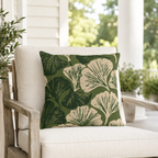 Large cream and dark green ginkgo leaves on olive outdoor pillow