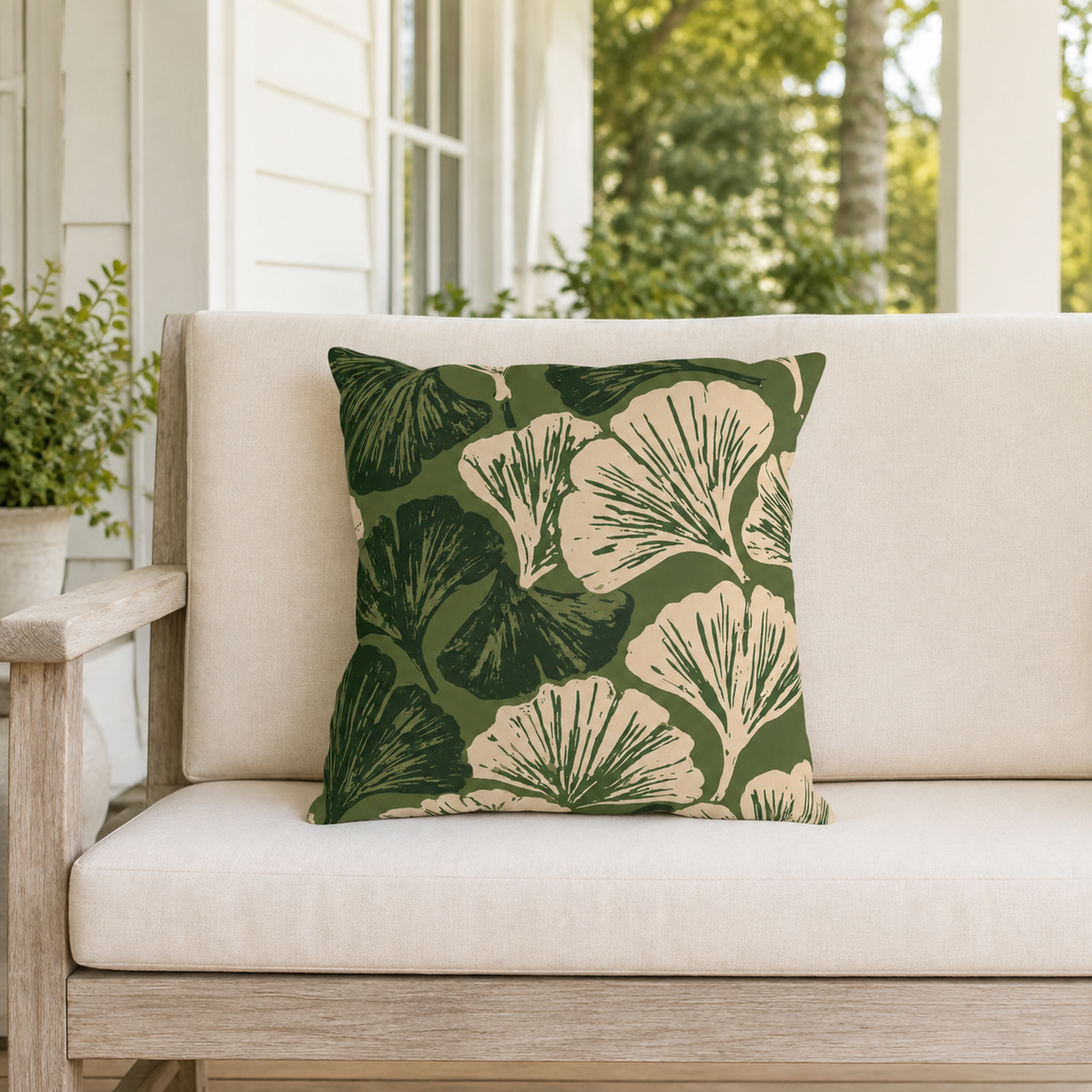 Large cream and dark green ginkgo leaves on olive outdoor pillow