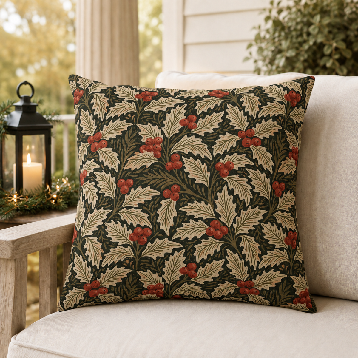 Deep green holly and berry outdoor pillow, second view
