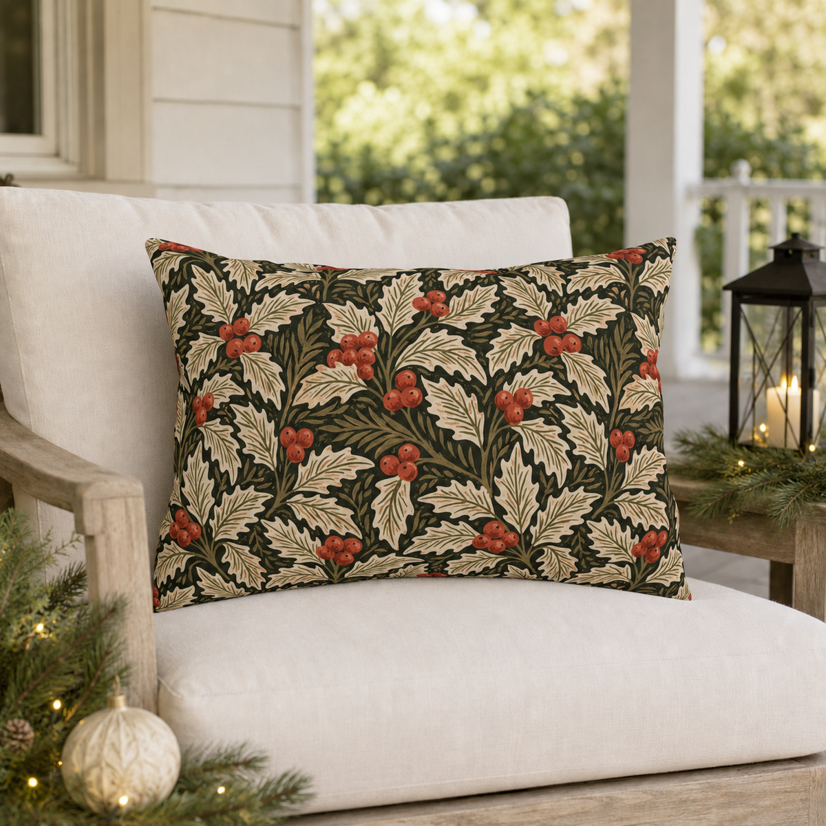 Deep green holly and berry outdoor lumbar pillow, second view