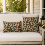 Ivory and olive holly with coral berries on deep green, pattern detail