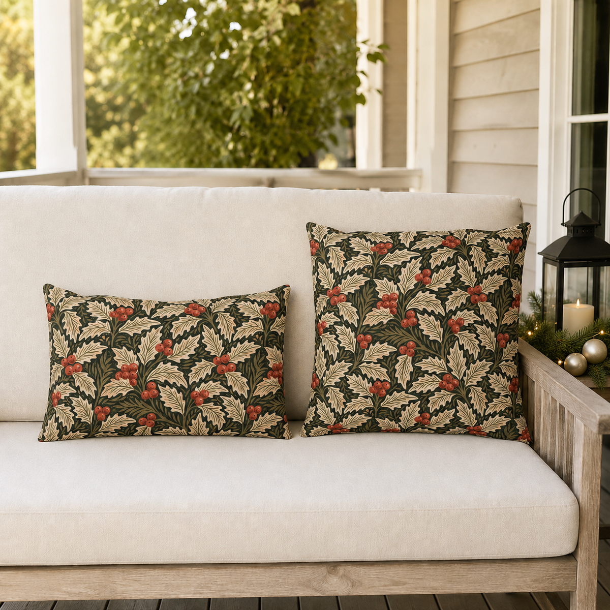 Ivory and olive holly with coral berries on deep green, lumbar pattern detail