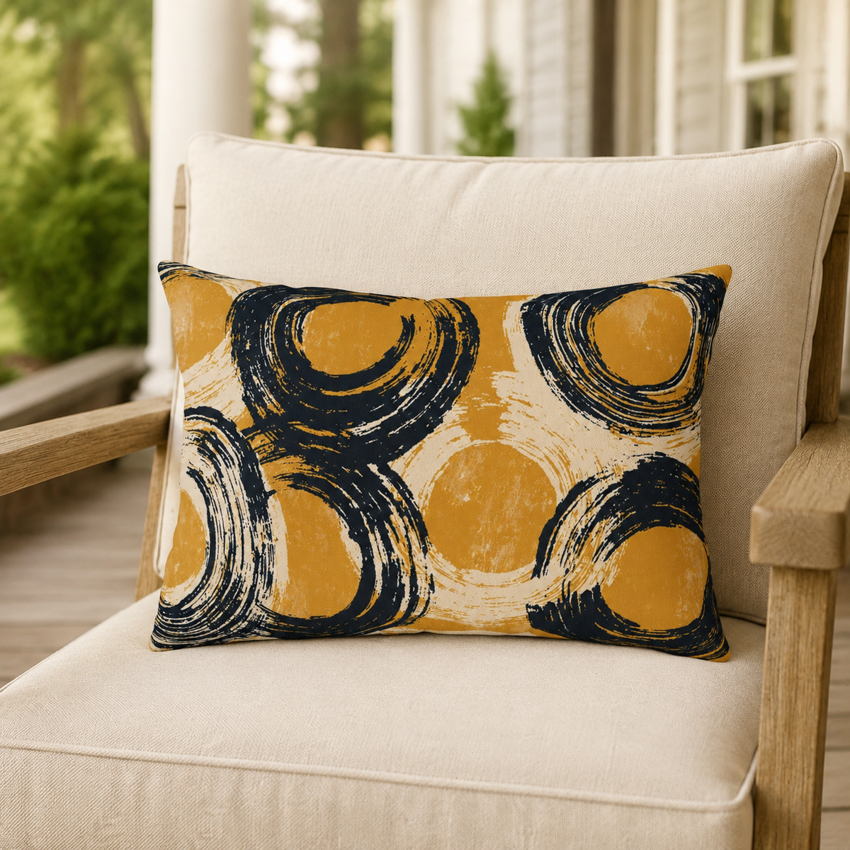 Mustard yellow outdoor lumbar pillow with navy brushed circles, second view