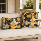 Navy and cream dry brush circles on a mustard yellow ground