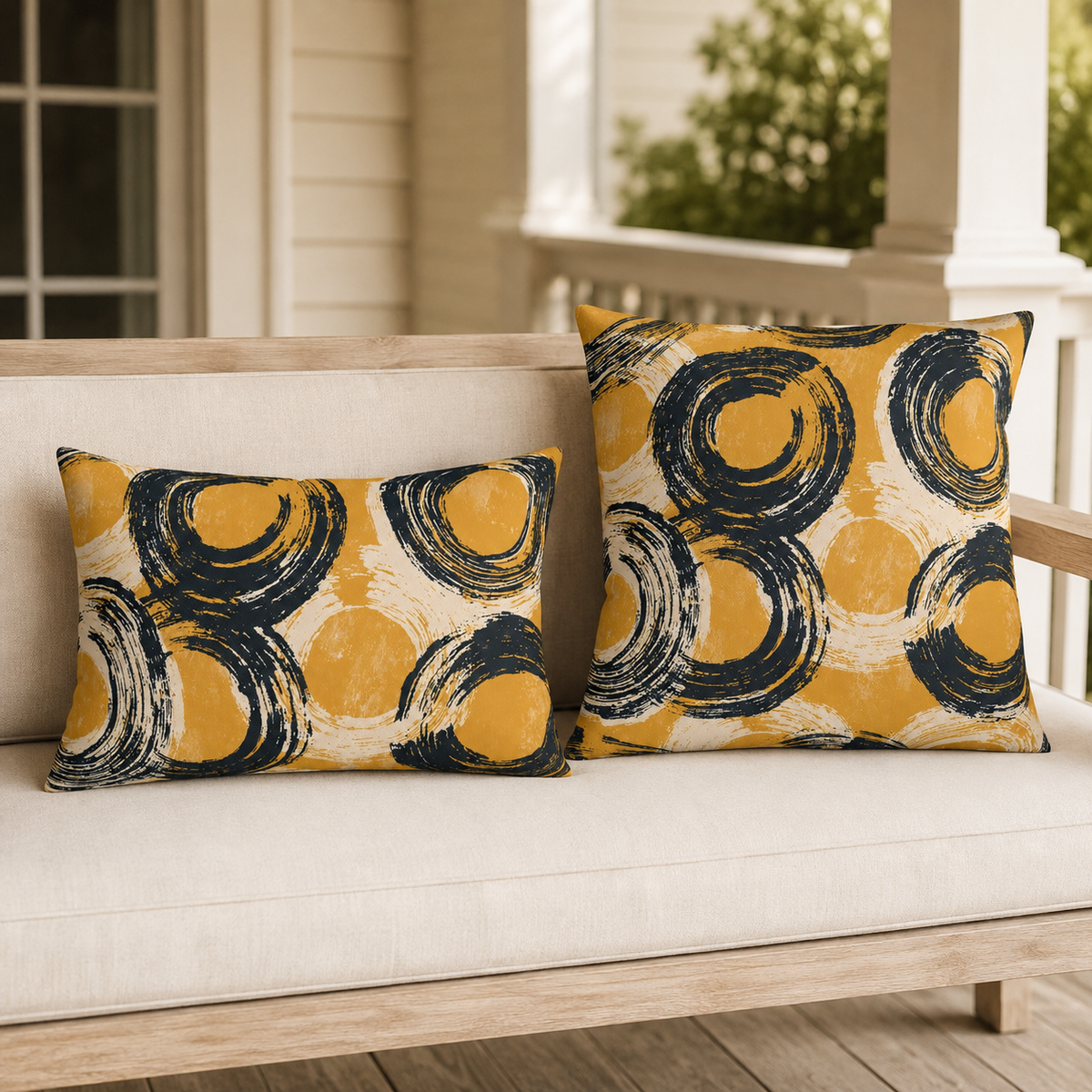 Navy and cream dry brush circles on mustard yellow, pattern detail
